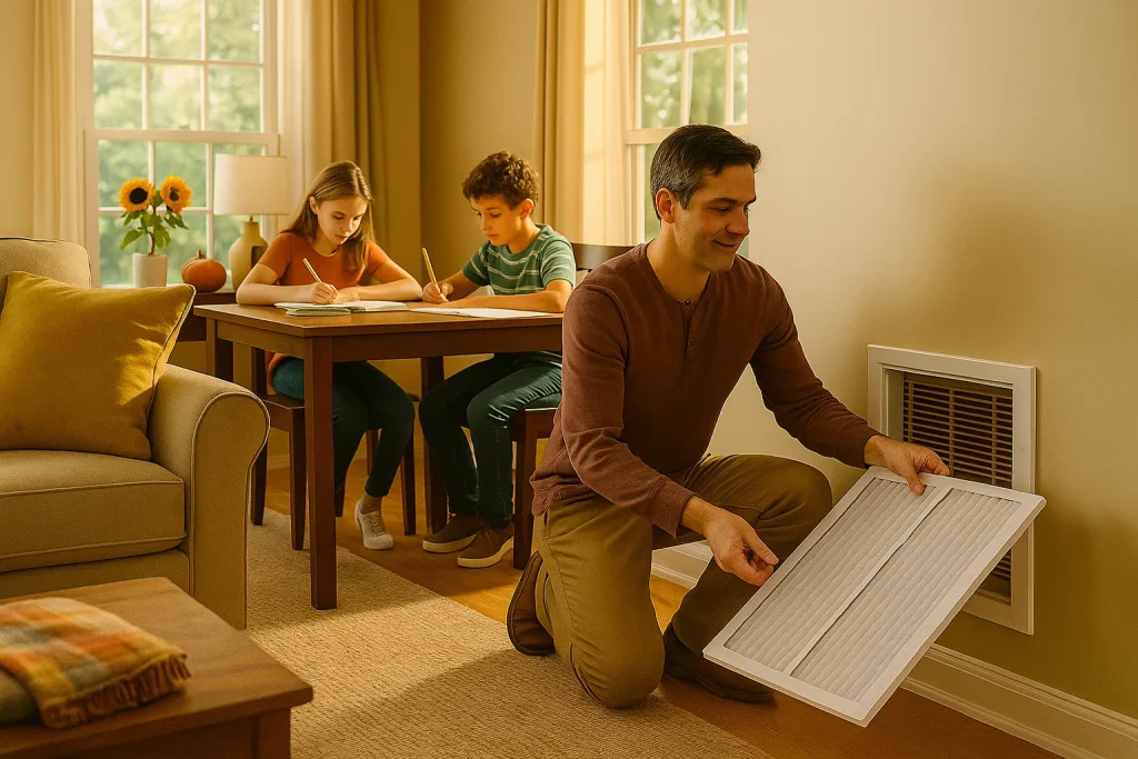 Homeowner changing HVAC air filter in Dublin Ohio home during back-to-school season