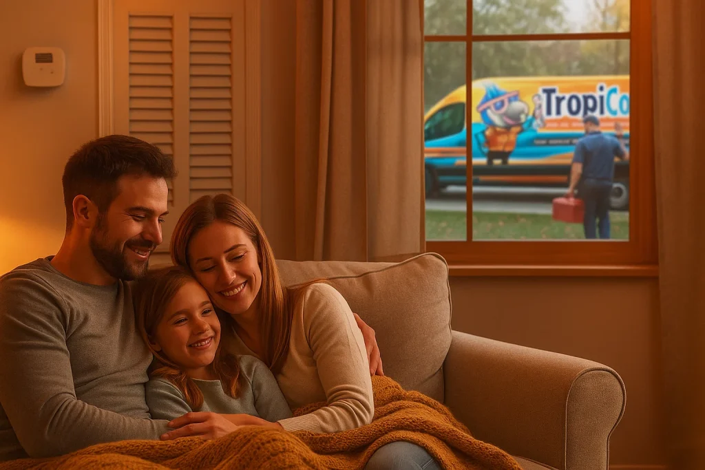 Family relaxing in living room with peace of mind from furnace maintenance