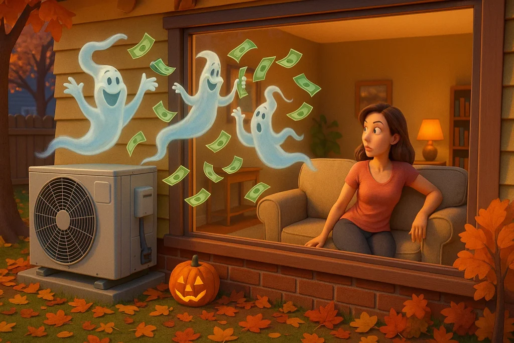 A woman sitting on our couch, looking at our window as ghosts with money or pouring out of her heat pump