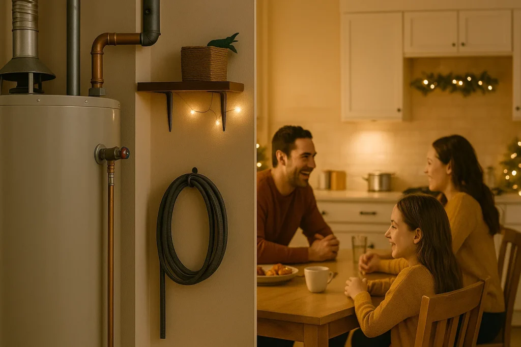 With a hot water heater in the foreground family sits at a holiday dinner table, enjoying the holiday