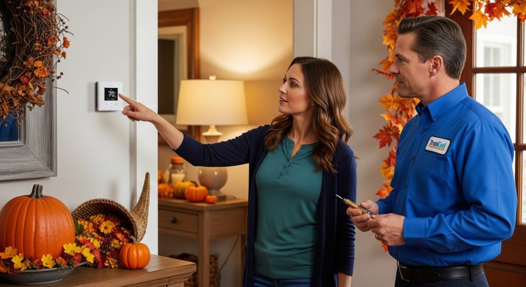 A homeowner and a technician doing a maintenance check of her HVAC. The homeowner is pointing to her thermostat. The room behind her is well-lit and decorated for fall.