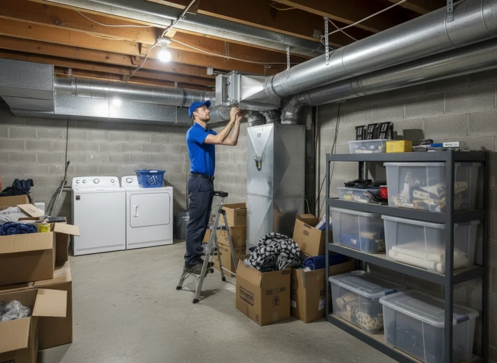 An image of a HVAC tech installing a whole home air purifier.