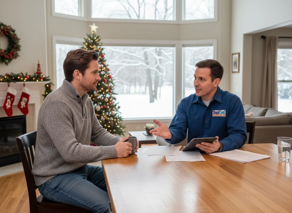 A homeowner and HVAC technician sit at the kitchen island discussing tax credits for new HVAC systems.