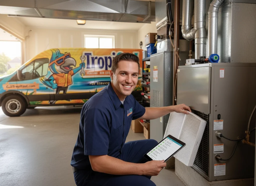 HVAC technician performing scheduled maintenance on a furnace