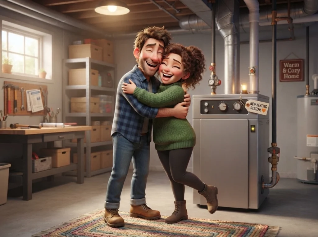 A fun cartoon image of a husband and wife hugging because they're happy about their new heating system.
