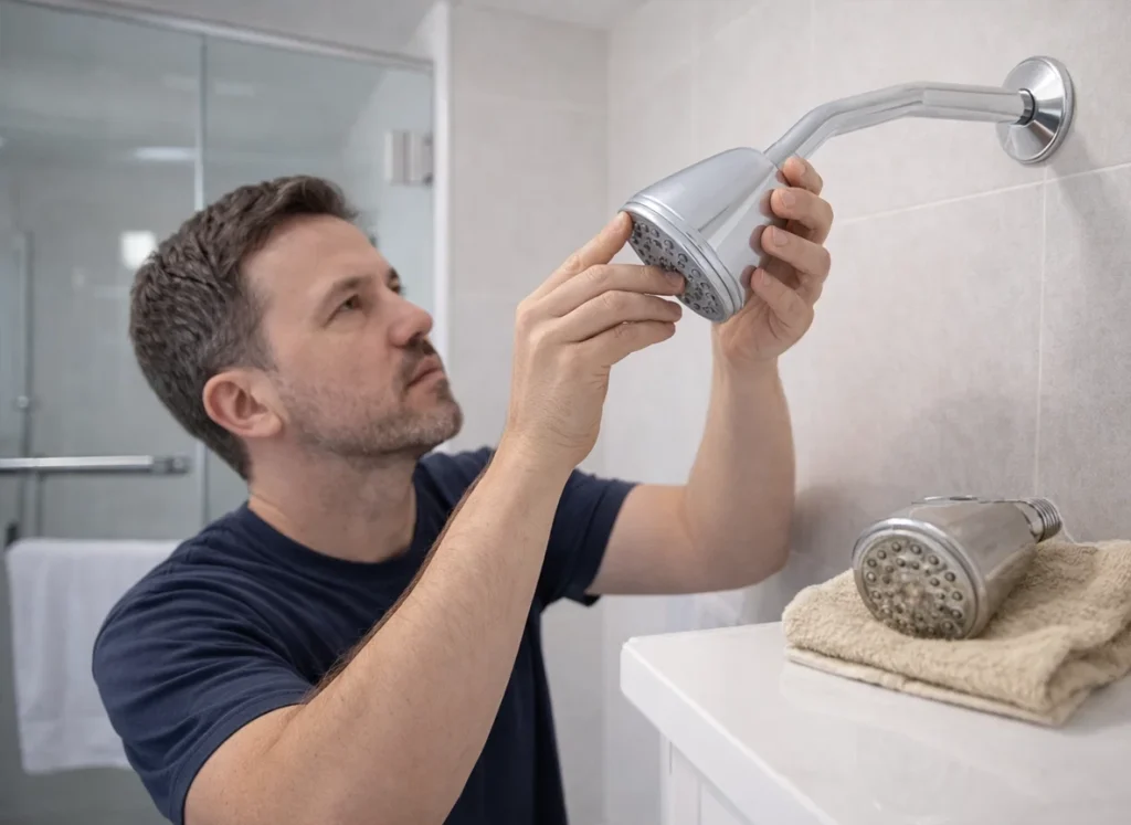 Homeowner changing a showerhead