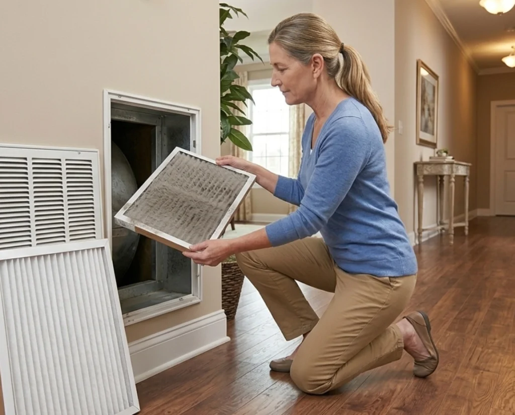 Homeowner changing air filter during spring AC prep