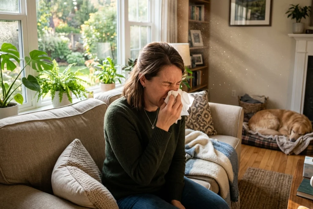 A homeowner with allergies sneezing on her couch.