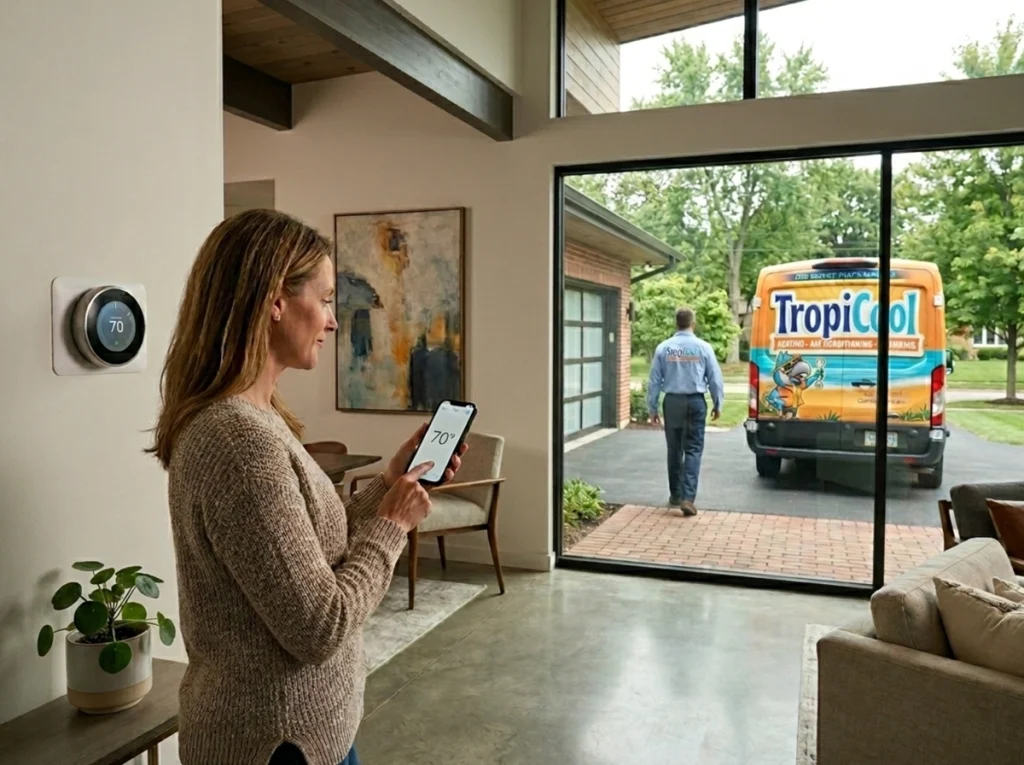 A women controlling her AC with a smart phone and smart thermometer.