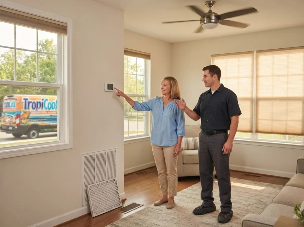 Columbus homeowner reviewing summer AC energy savings with technician