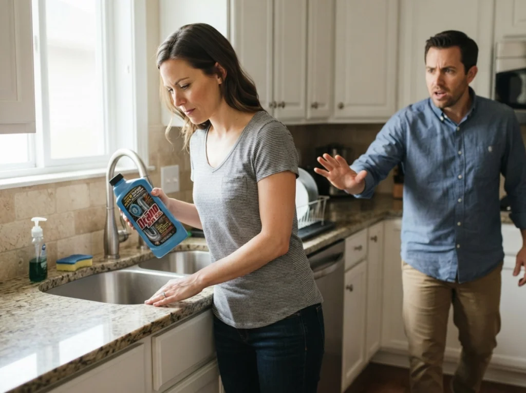 A women about to use liquid drain cleaner.