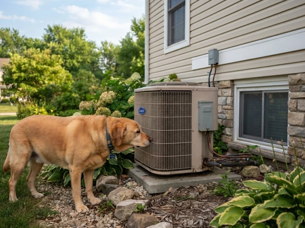 Our neighbor's dog sniffing around an outdoor AC condenser unit.